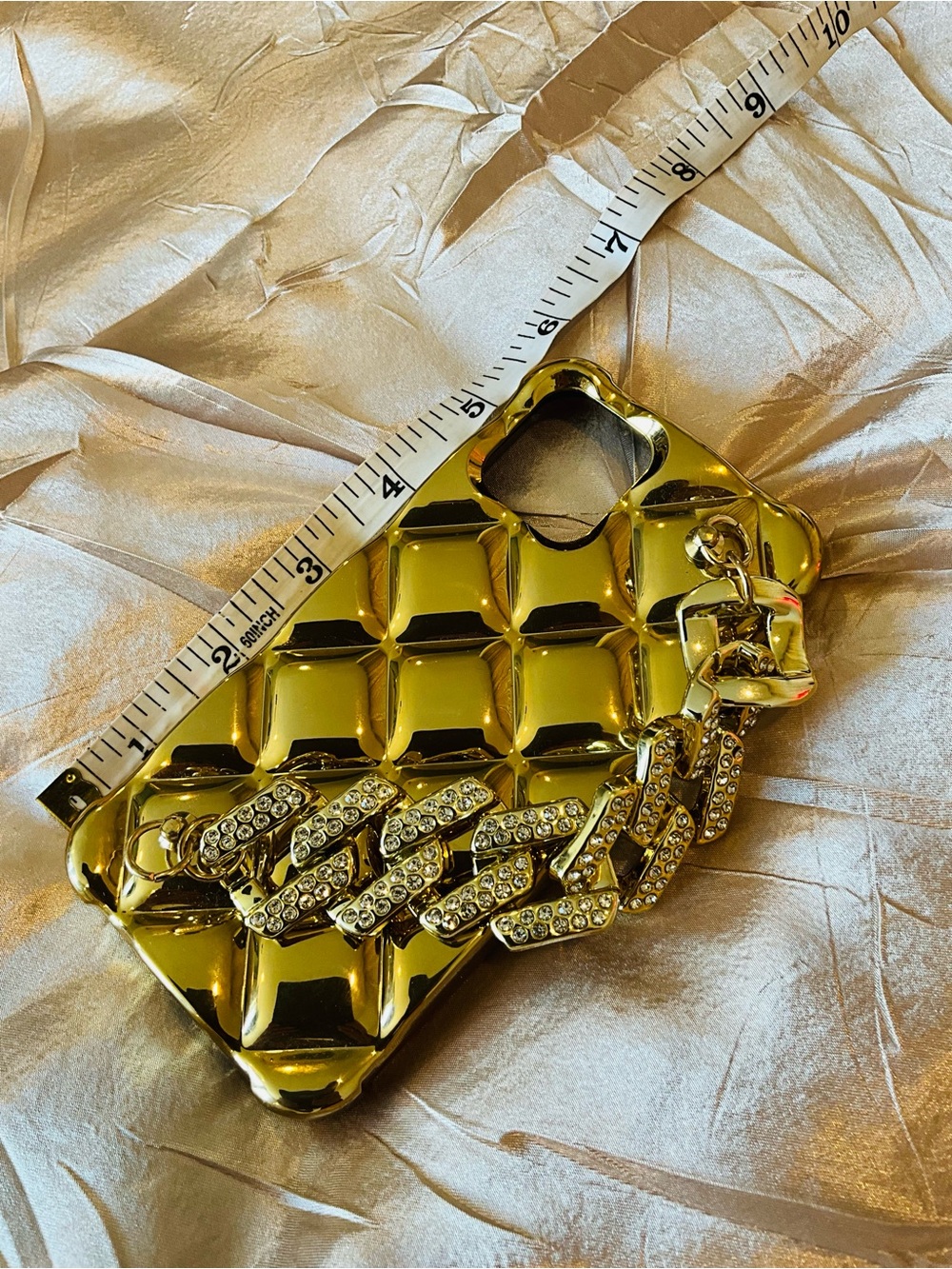 Gold Quilted Rhinestone Chain Phone Case - Compatible I Phone 12 Accessory - Picture 6 of 9